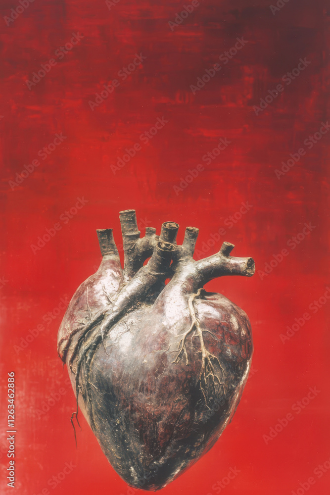 Poster exploring passion and vitality: an abstract representation of the heart against a bold red backgroun