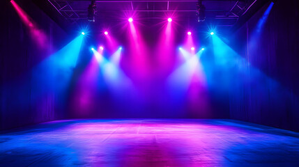 A stage illuminated with vibrant purple and blue lights, creating a dynamic and energetic atmosphere for the performance
