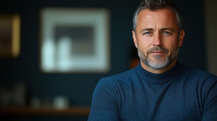 Confident mature man in blue sweater with calm expression indoors