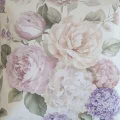 A delicate and romantic floral illustration with soft, pastel-colored roses, hydrangeas, and peonies. The subtle shades of pink, lavender, and cream give the design a gentle, vintage feel.