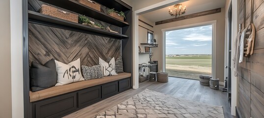 A stylish mudroom with built-in storage, bench, and organized hooks functionality