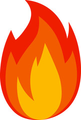 Burning red and orange cartoon fire flames create a large fireball, symbolizing heat and energy, while representing wildfire and bonfire on a clean white background