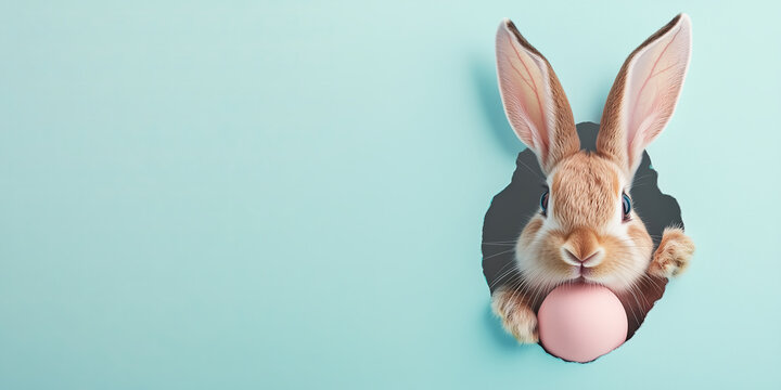 Happy rabbit peeping out of crack in pastel background. Celebrating Easter.