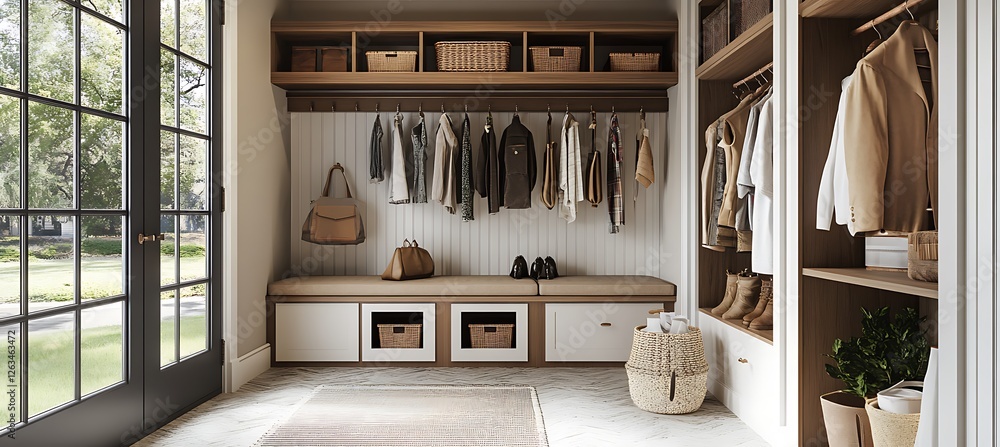 Poster a stylish and functional mudroom with built-in storage, a bench, and organized hooks