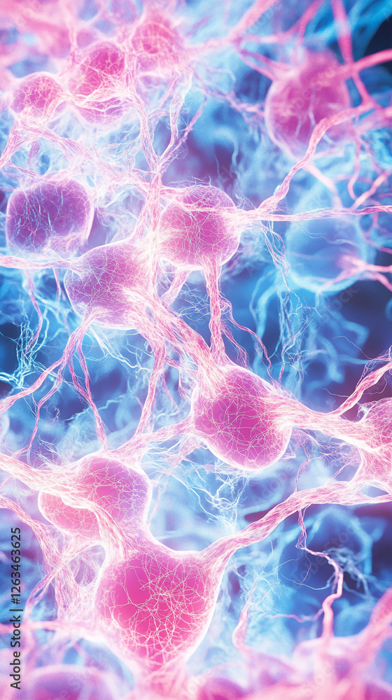 Poster Close-up view of glowing neurons and synaptic connections, showcasing the brain's neural network activity and electrical impulses, representing cognitive processes and brain function.