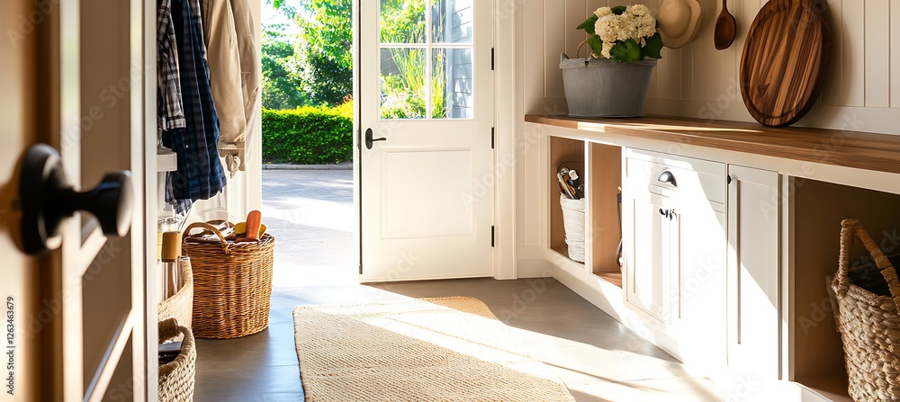 Poster a stylish and functional mudroom with built-in storage, a bench, and organized hooks