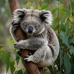 Naklejka premium Koala clinging to a tree, nestled in the branches, peacefully resting in its natural habitat.