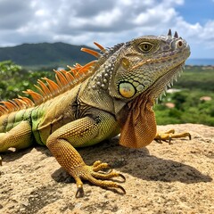 Obraz premium Close-up photo of an iguana, highlighting its detailed scales, intense eyes, and distinctive features in sharp focus.