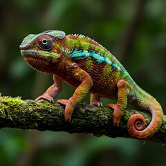 Fototapeta premium Brightly colored chameleon perched on a branch, displaying its vivid hues and intricate patterns as it blends into its environment.