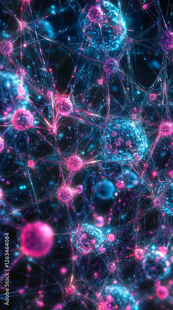 Aufkleber Close-up view of glowing neural network cells and connections, showcasing the intricate structure and communication of neurons in a vibrant, digital abstract representation.