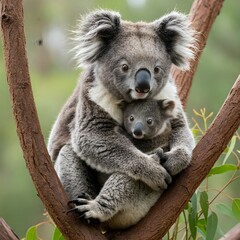Obraz premium Koala with its joey, nestled together in a tree, displaying a tender and peaceful moment of bonding in the wild.