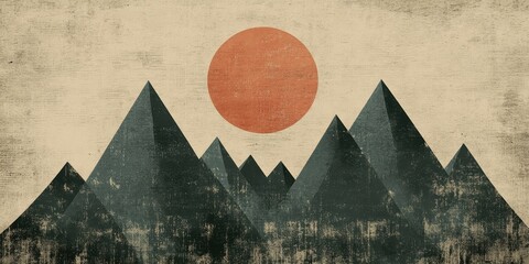 Abstract geometric mountains with a sun rising behind them