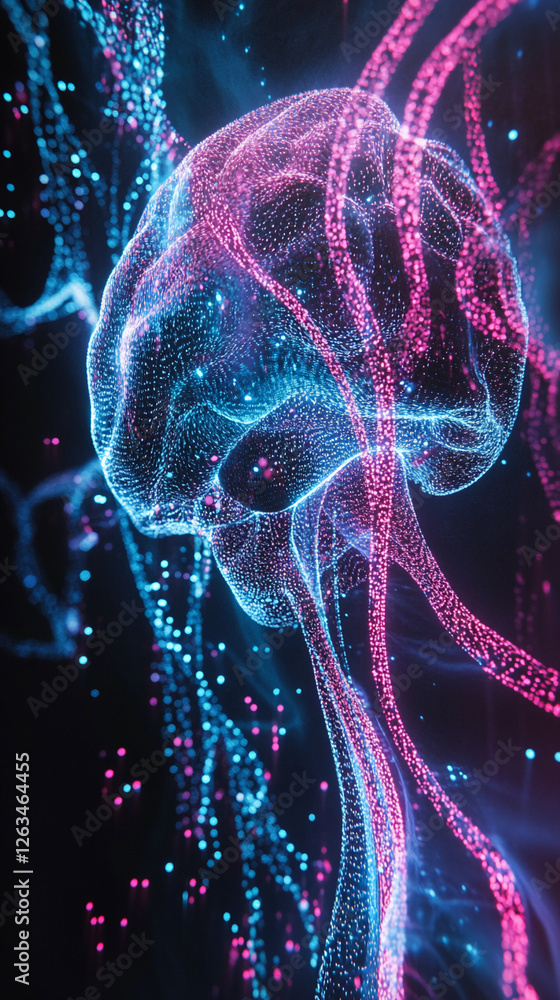 Aufkleber Close-up view of a vibrant, glowing neural network with interconnected cells and glowing threads, symbolizing brain activity, neural connections, and the complexity of the nervous system.