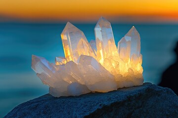Obraz premium Illuminated quartz crystals cluster atop a dark rock, bathed in sunset's golden light.