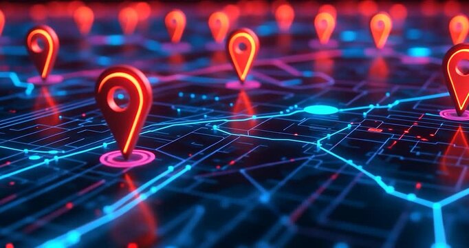 4K Animation of Multiple Location Pins on Futuristic Digital Map