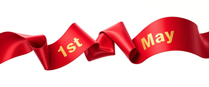 1st May Red Ribbon with Golden Text Celebrating Workers' Rights