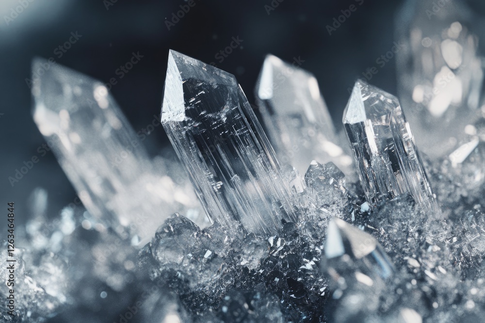 Aufkleber close-up of sharp, translucent quartz crystals clustered together in a dark matrix.