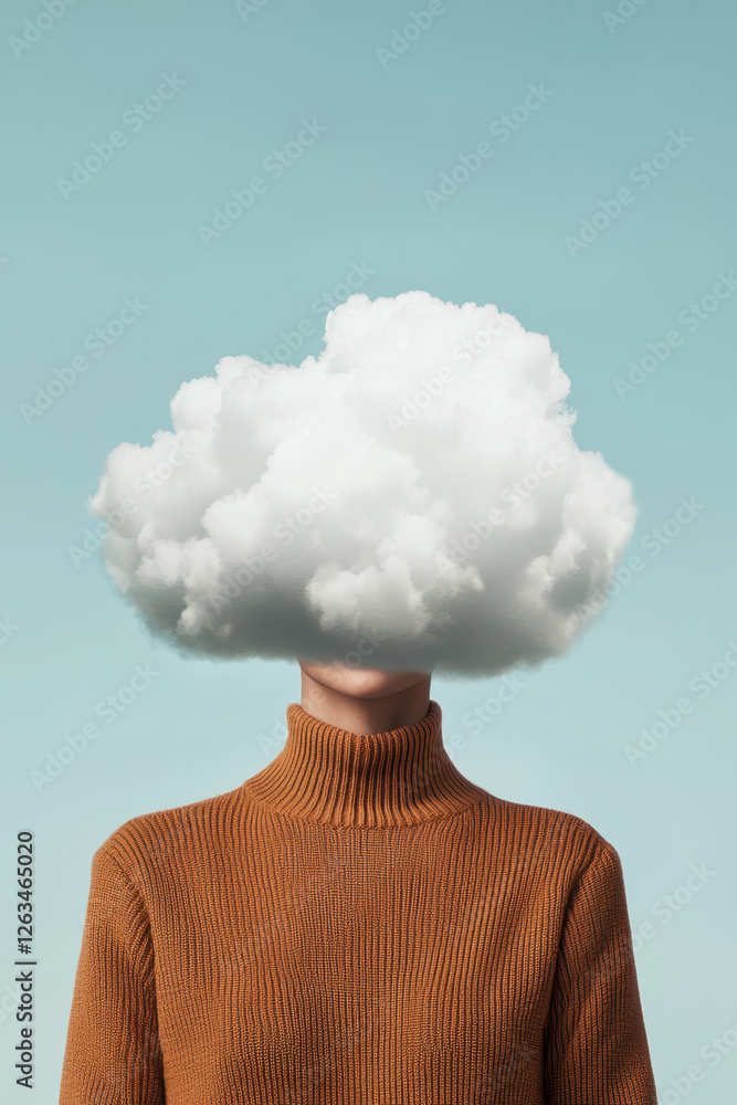 Poster surreal portrait exploring the connection between human identity and imagination with a cloud overhe