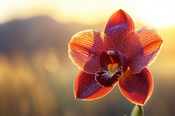 A dew-kissed orchid blooms in the golden sunlight, a breathtaking sunrise spectacle.