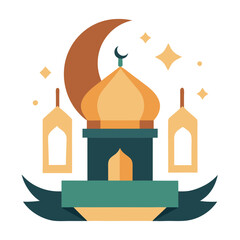 Ramadan Kareem banner, poster, greeting card, cover design with mosque, crescent moon, stars and typography in flat geometric style. vector illustation
