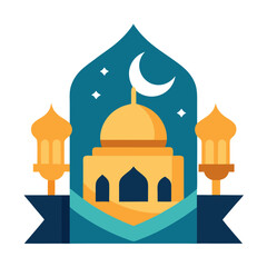 Ramadan Kareem banner, poster, greeting card, cover design with mosque, crescent moon, stars and typography in flat geometric style. vector illustation