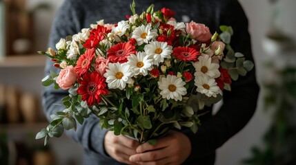 Professional courier presents vibrant bouquet of red and white flowers for delivery