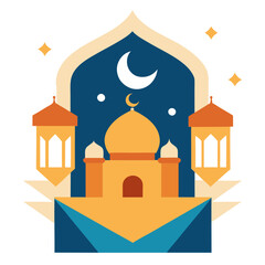 Fototapeta premium Ramadan Kareem banner, poster, greeting card, cover design with mosque, crescent moon, stars and typography in flat geometric style. vector illustation