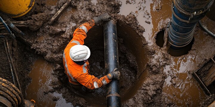 A construction worker clad in vibrant orange and black uniforms grips a black pipe half-buried in mud under a high-angle shot, exuding focus amidst the rugged terrain