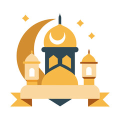 Ramadan Kareem banner, poster, greeting card, cover design with mosque, crescent moon, stars and typography in flat geometric style. vector illustation