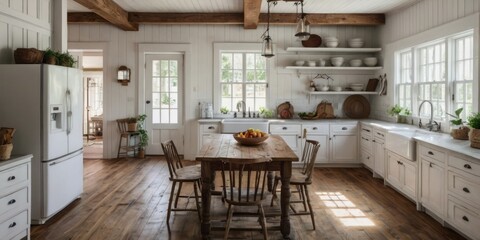 Rustic Farmhouse Kitchen With Wooden Table And White Cabinets