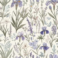 A botanical floral illustration with delicate, hand-drawn florals like lavenders, irises, and daisies in soft blues, purples, and greens. The subtle, natural palette evokes a peaceful, calming