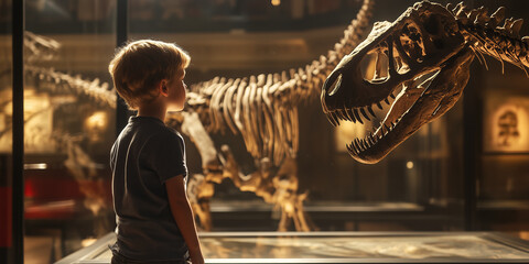 Naklejka premium Child looking at the skeleton of an ancient dinosaur in the museum of paleontology. Little boy watching at dinosaur bones.