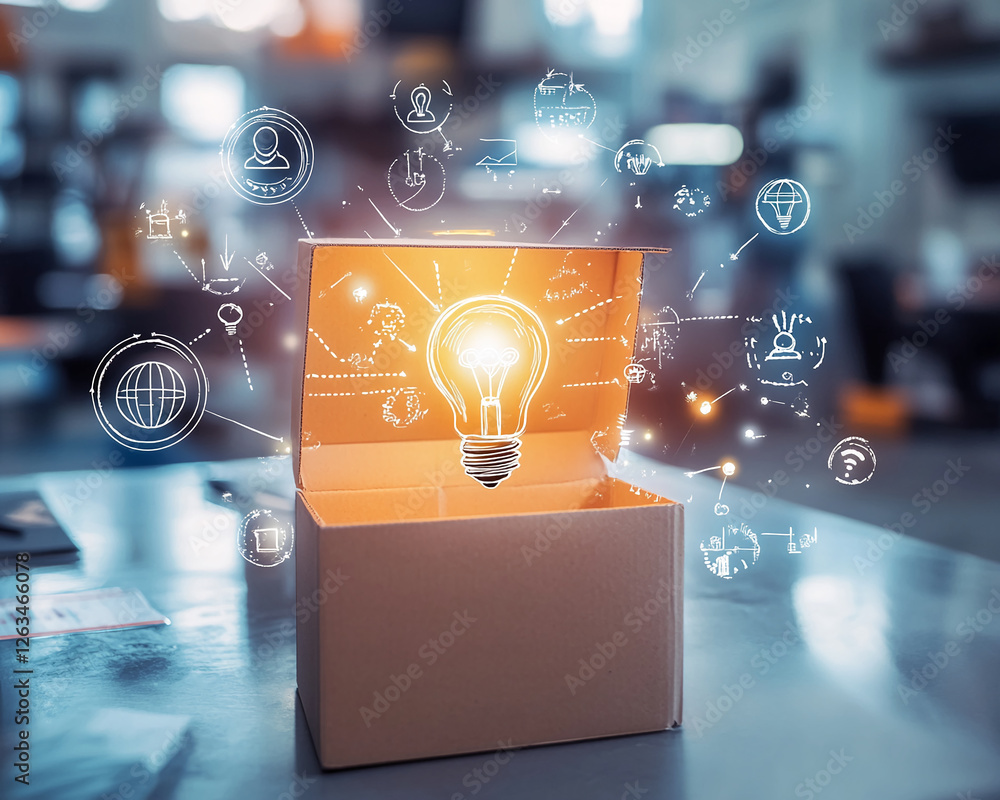 Poster A glowing light bulb emerging from an open cardboard box with various digital icons floating around, symbolizing creativity, innovation, and the generation of new ideas in the modern world.