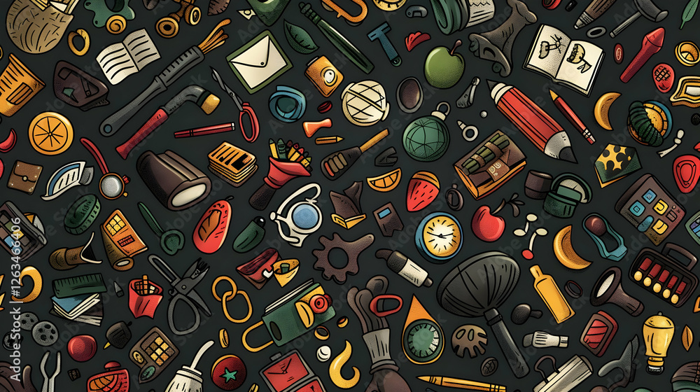 Poster a vibrant collection of assorted objects and tools arranged in a colorful pattern, showcasing creati
