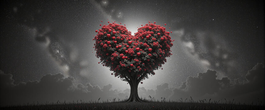 Heart-shaped tree adorned with vibrant red flowers standing majestically against a starry night sky, conveying love and hope, representing the spirit of giving and charity