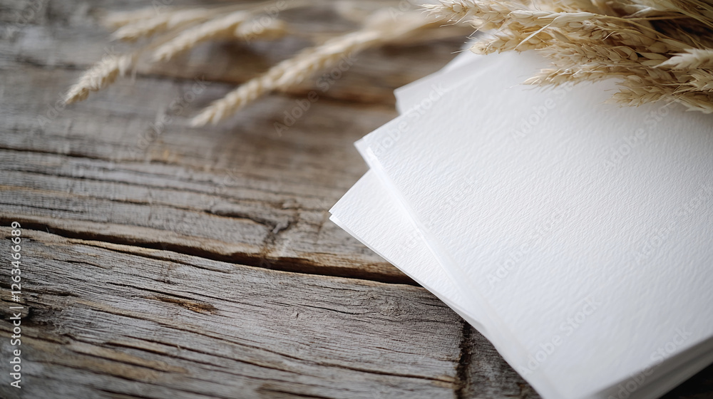 Poster blank paper sheets and wheat stalks placed on a rustic wooden table, symbolizing simplicity, nature,