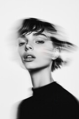 A Captivating Black and White Portrait Highlighting Dynamic Movement and Emotion in Contemporary Fashion Photography