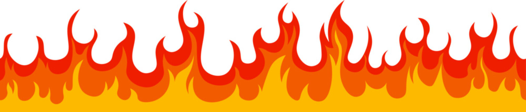 Seamless vector illustration set of horizontal fire flames creating a blazing banner of heat, burn, wildfire silhouette, flammable elements, hot flaming border