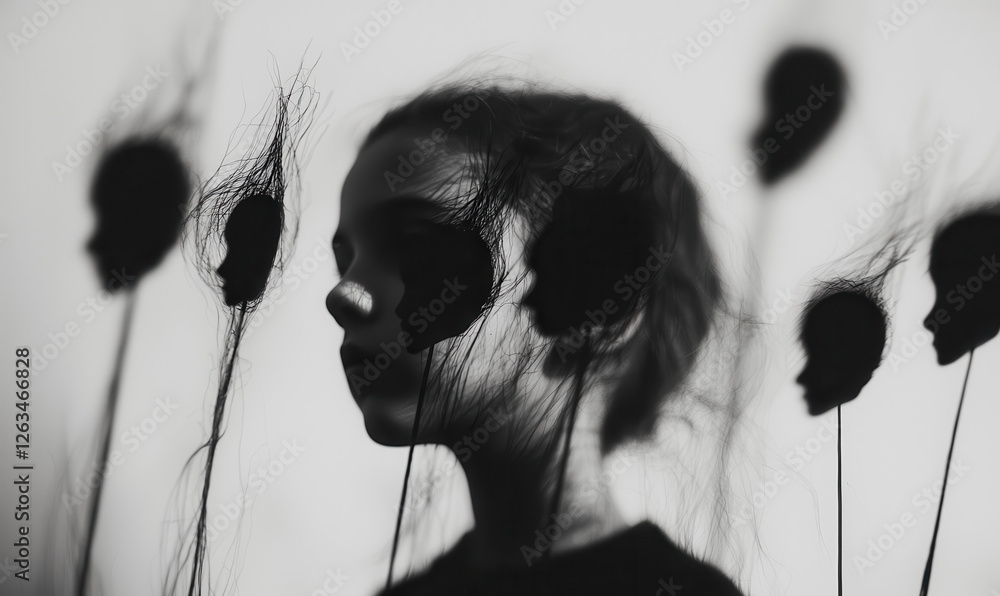 Poster exploring the depths of identity and expression: a monochromatic silhouette reflecting on states of 