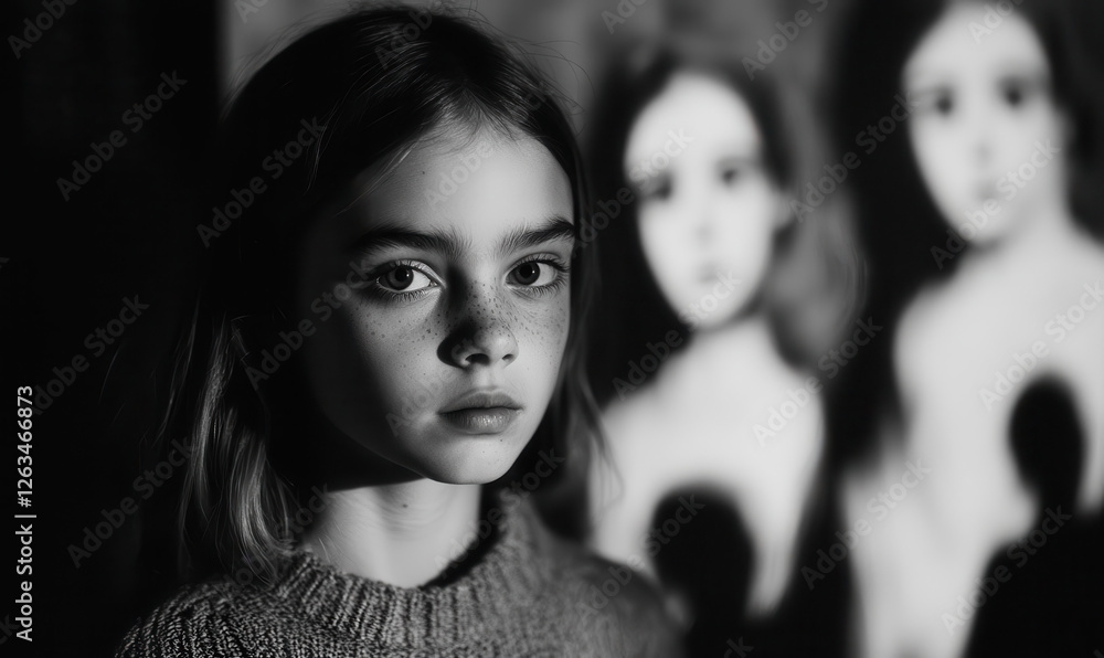 Poster a captivating portrait of a child in black and white, evoking emotion and depth with intriguing silh