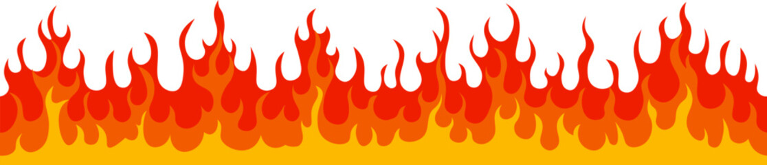 Red and orange flames are blazing in a seamless fire border, creating a hot and flammable banner against a white background, symbolizing heat, danger, and energy