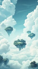 Floating islands with green vegetation amidst a sea of clouds