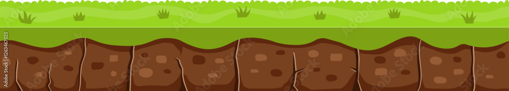 Poster Seamless ground soil layer with green grass and stones shows layers of earth and dirt, useful asset for creating platformer or runner mobile game user interface element
