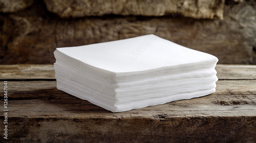 Poster a stack of white clean sheets of paper on a rustic wooden table, representing simplicity, stationery