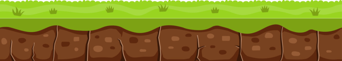 Seamless ground soil layer with green grass and stones shows layers of earth and dirt, useful asset for creating platformer or runner mobile game user interface element