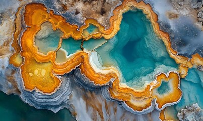 Obraz premium Aerial view of vibrant mineral pools with orange and blue hues created by nature's artistry