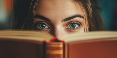 Eyes of a woman peeking over a book on solid background. Reader holding a book, place for text.