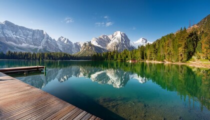 Beautiful wide shot of a lake and mountain in the background and a small deck leading to the lake, with pine trees, clouds, and snow covered mouintain tops 