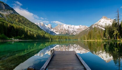 Beautiful wide shot of a lake and mountain in the background and a small deck leading to the lake, with pine trees, clouds, and snow covered mouintain tops 
