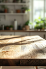 Empty wooden table with the bright interior of the kitchen as a blurred background behind the bokeh golden sunshine.